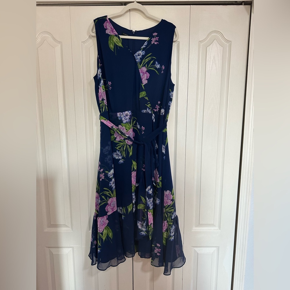 Talbots Navy Floral Midi Faux Wrap Dress with Lavender & Green Accents